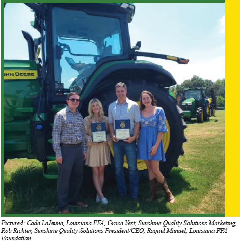 Pictured: Cade LeJeune, Louisiana FFA, Grace Vest, Sunshine Quality Solutions Marketing, Rob Richter, Sunshine Quality Solutions President/CEO, Raquel Manuel, Louisiana FFA Foundation.
